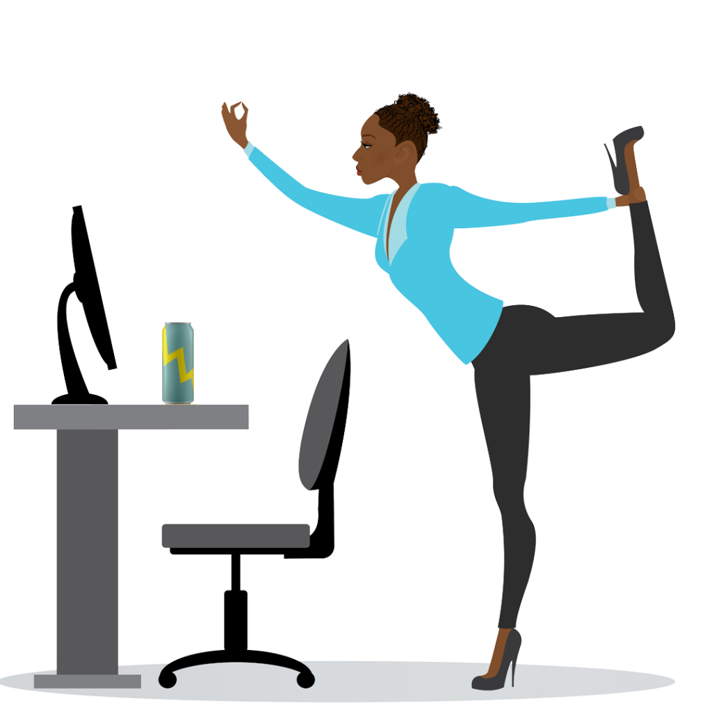 The Monday Mercenary can be seen here in her natural habitat: practicing yoga while answering emails from behind her desk, kombucha energy drink in tow.
